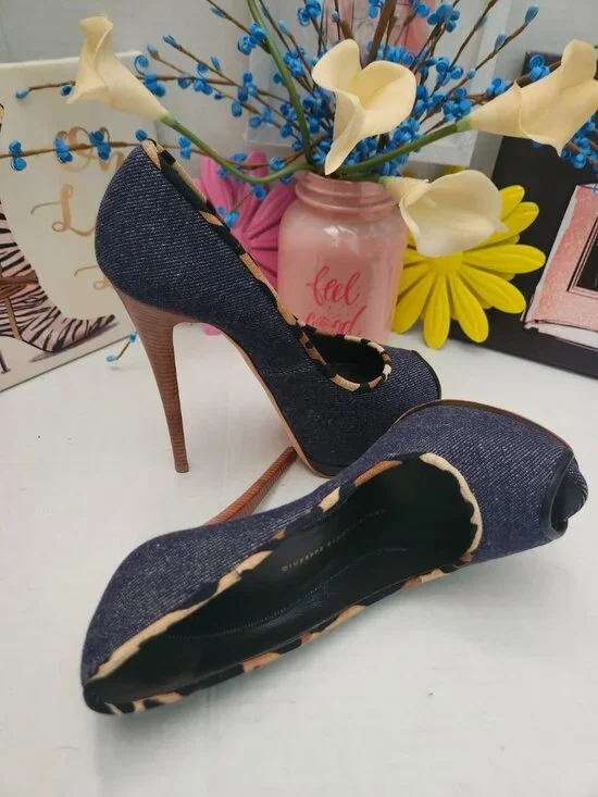 GIUSEPPE ZANOTTI Shoes Blue Denim Peep Toe Platform Heels - Picture 4 of 8